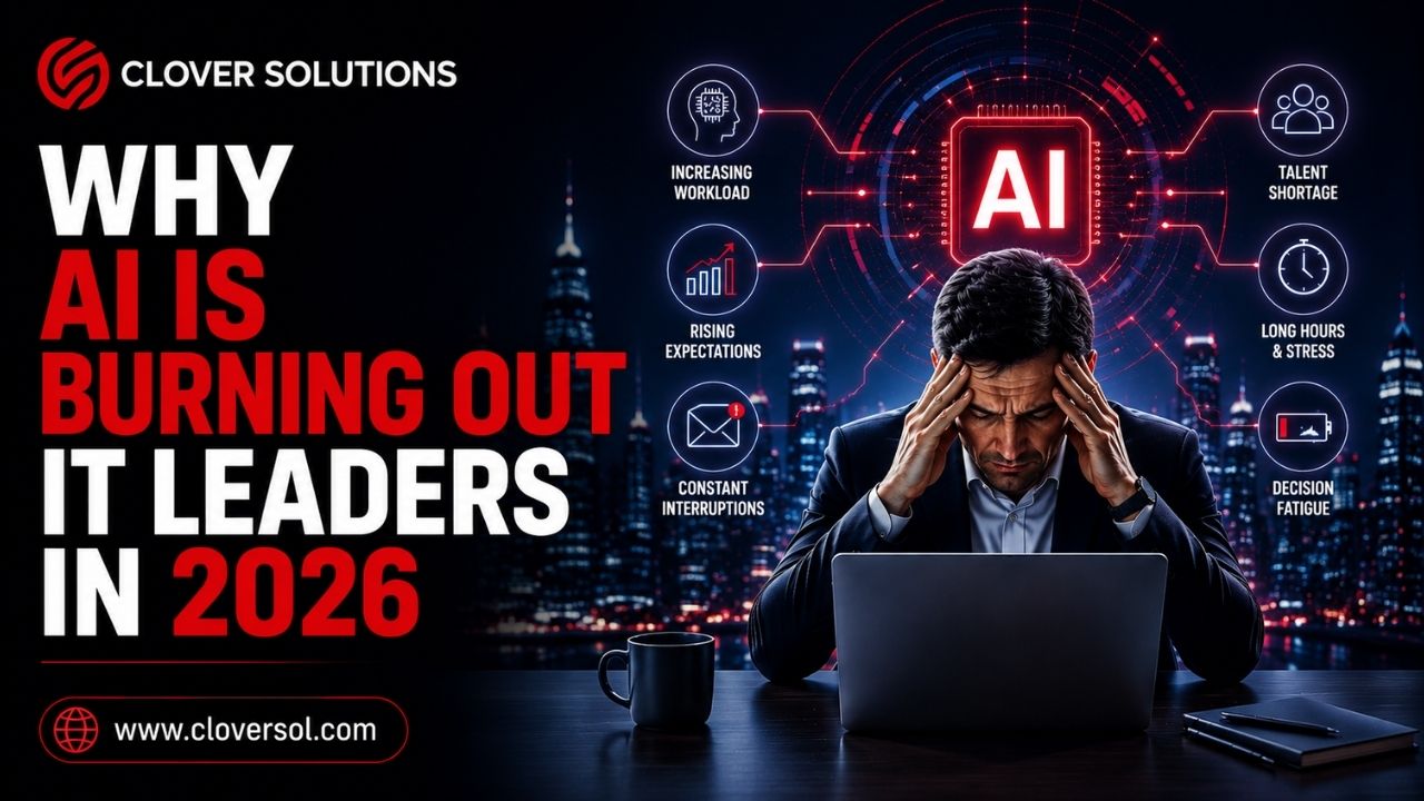 Stressed IT leader managing AI implementation, cybersecurity, and workforce challenges in a modern technology workplace.