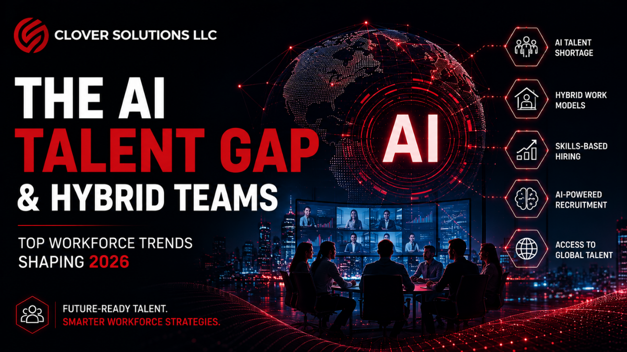 AI professionals and business teams collaborating in a hybrid AI-human workforce environment in 2026.